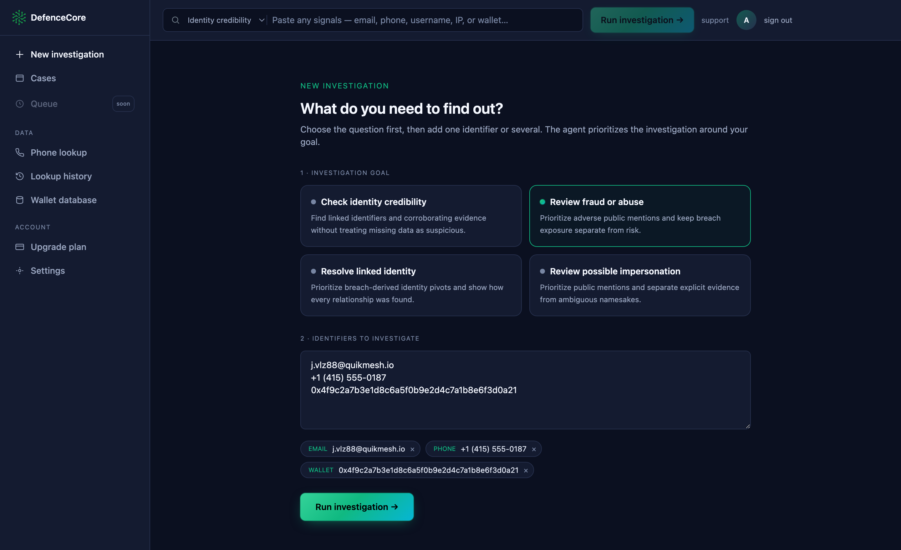 The DefenceCore investigation canvas with the review-fraud-or-abuse goal selected and a suspicious email, phone number, and wallet entered for one case
