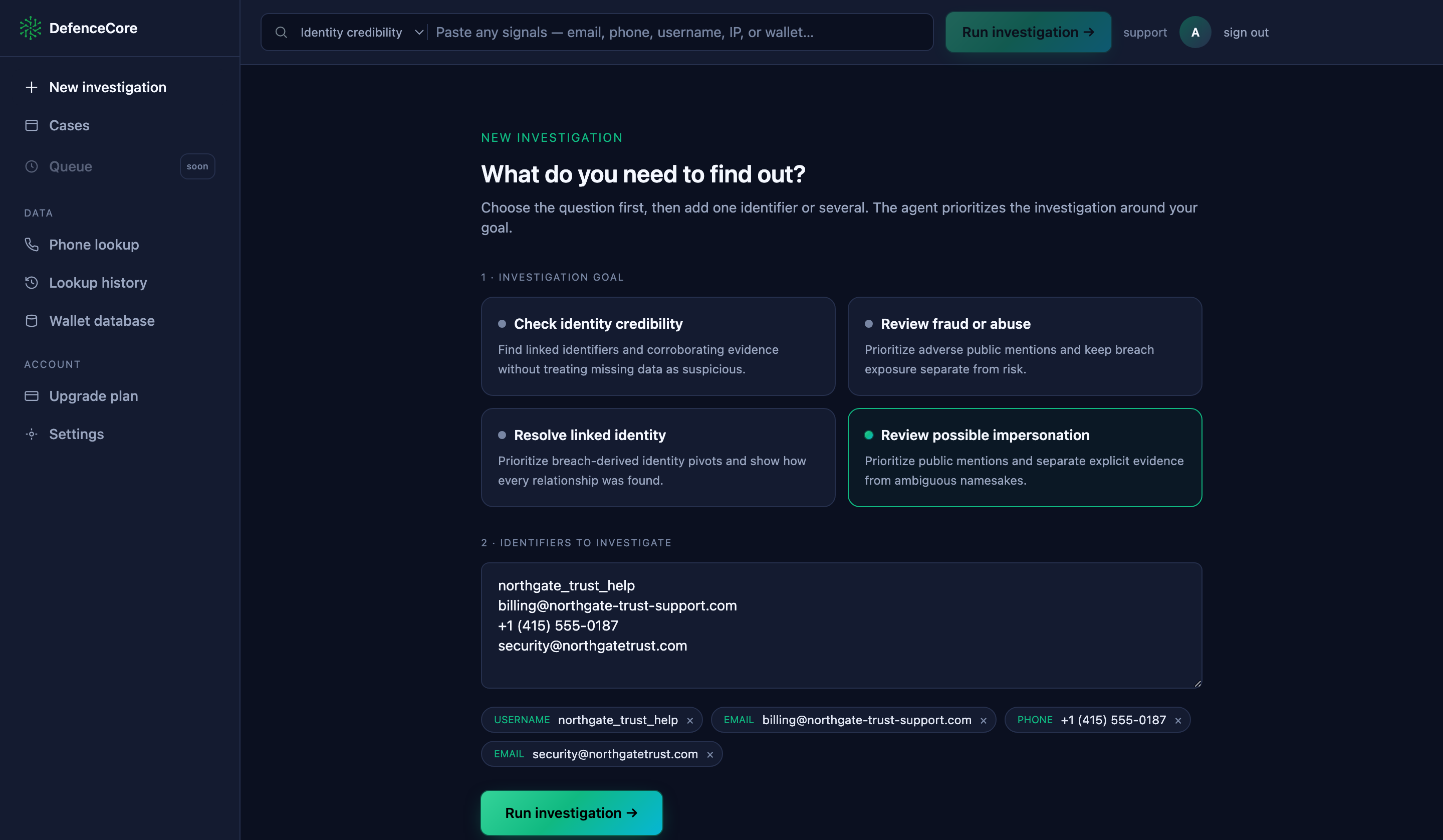 The DefenceCore canvas with the review-impersonation goal selected and a suspicious username, email, and phone entered alongside a known-good reference address