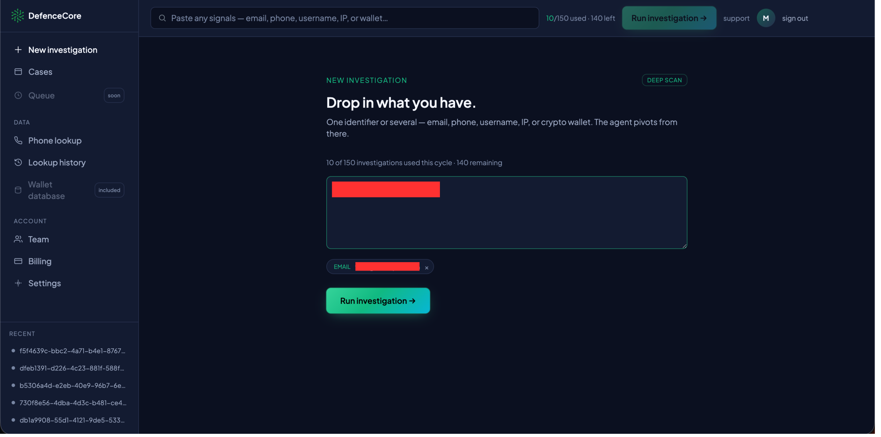 A single email address pasted into the canvas, detected and tagged as EMAIL before the run